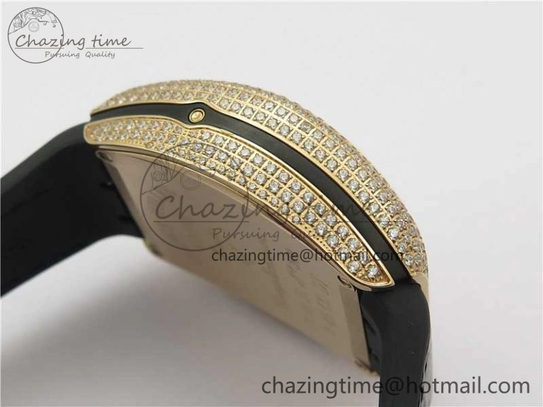 Compact Vanguard V45 Chrono RG Pave Crystals Gold Inner Bezel ABF Best Edition Black Dial on Leather Strap A 6532