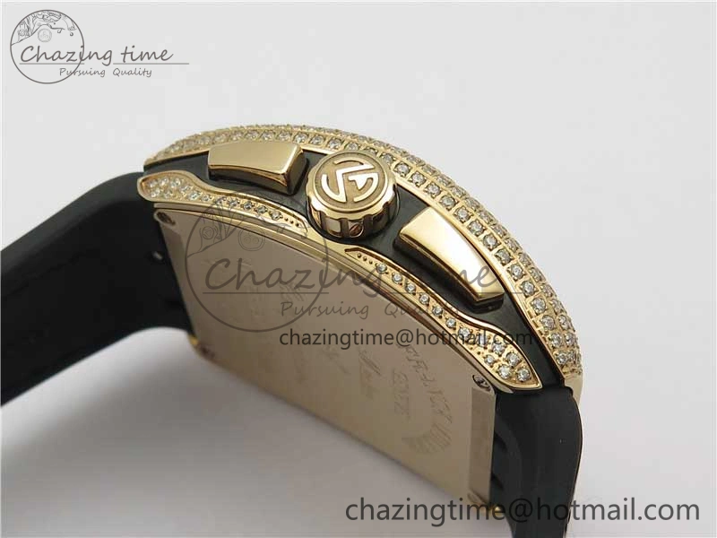 Compact Vanguard V45 Chrono RG Pave Crystals Gold Inner Bezel ABF Best Edition Black Dial on Leather Strap A 6532