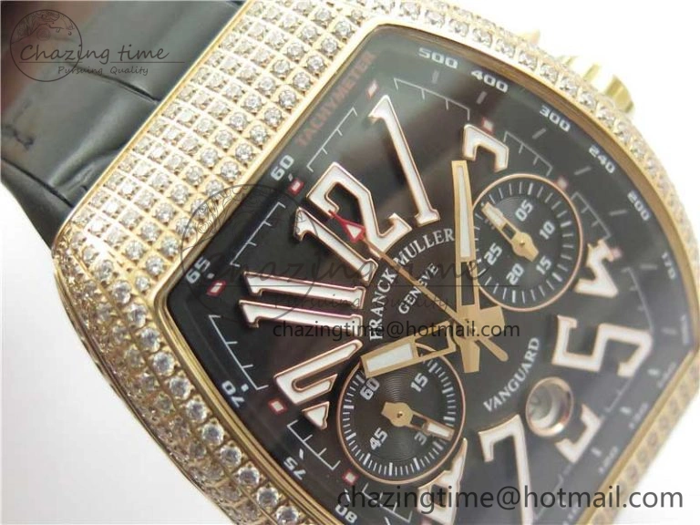 Vanguard V45 Chrono RG pave crystals ABF Best Edition Black Dial on Leather Strap A Modern 6531