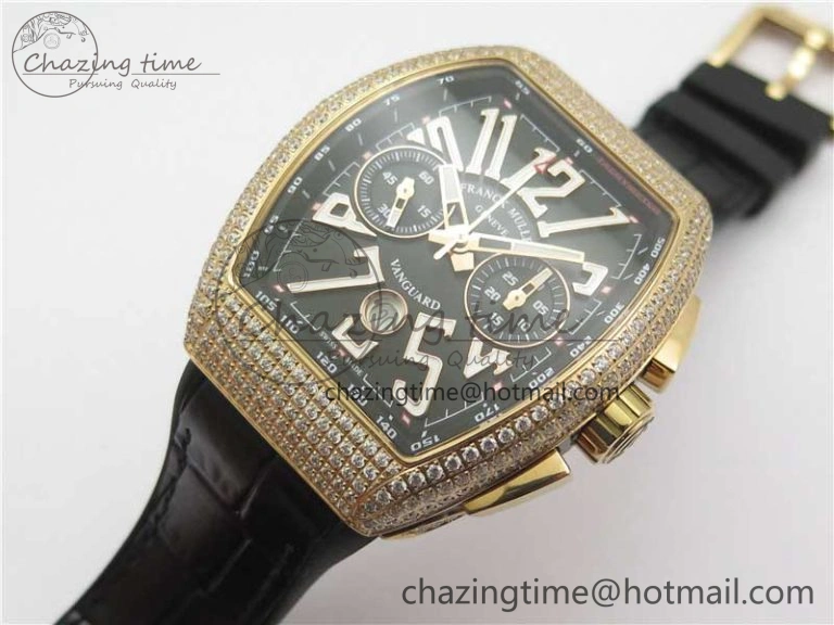 Vanguard V45 Chrono RG pave crystals ABF Best Edition Black Dial on Leather Strap A Modern 6531
