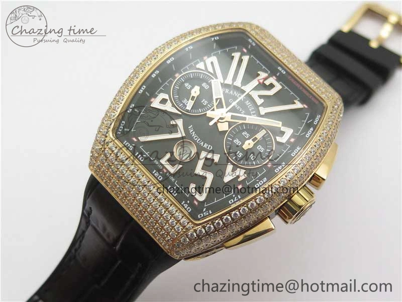 Vanguard V45 Chrono RG pave crystals ABF Best Edition Black Dial on Leather Strap A Modern 6531