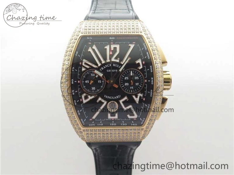 Vanguard V45 Chrono RG pave crystals ABF Best Edition Black Dial on Leather Strap A Modern 6531