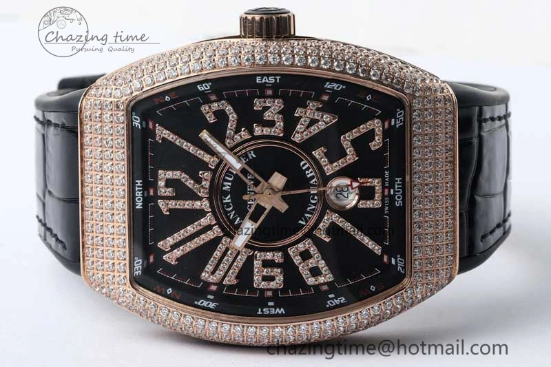 Vanguard V45 RG ABF Best Edition Full Diamonds Case Black Dial on Black Leather Strap A TravelReady 6520