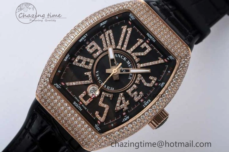 Vanguard V45 RG ABF Best Edition Full Diamonds Case Black Dial on Black Leather Strap A TravelReady 6520