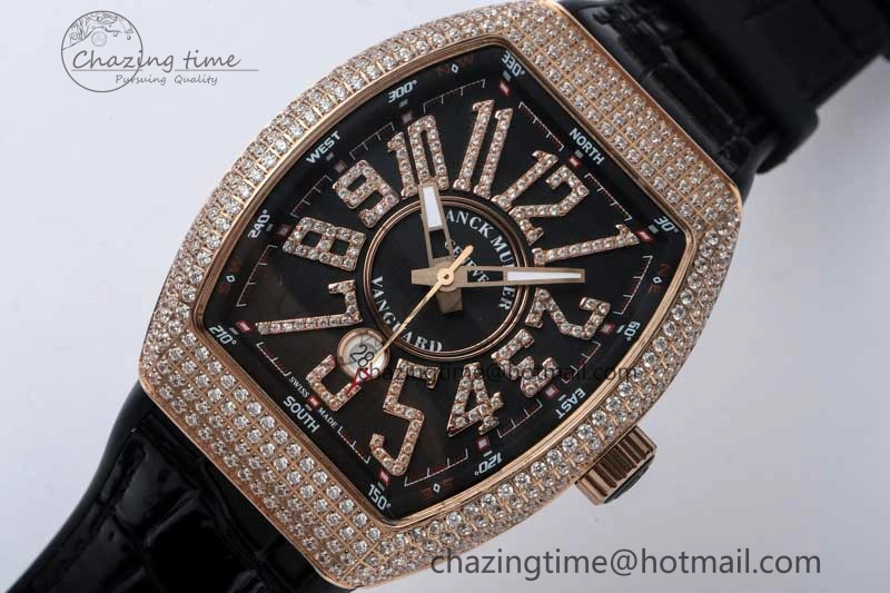 Vanguard V45 RG ABF Best Edition Full Diamonds Case Black Dial on Black Leather Strap A TravelReady 6520