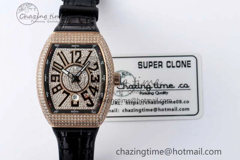 Vanguard V45 RG ABF Best Edition Full Diamonds Case Black Dial on Black Leather Strap A TravelReady 6520