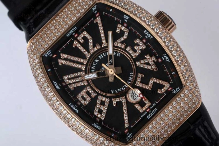 Vanguard V45 RG ABF Best Edition Full Diamonds Case Black Dial on Black Leather Strap A TravelReady 6520
