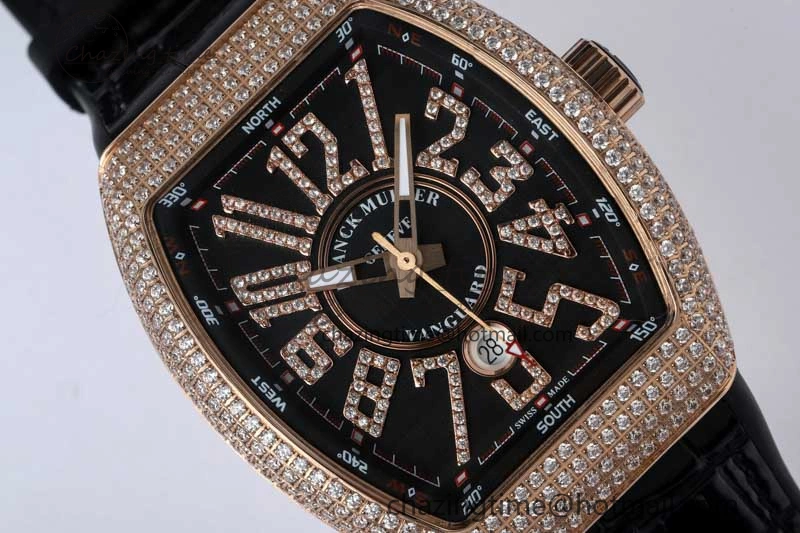 Vanguard V45 RG ABF Best Edition Full Diamonds Case Black Dial on Black Leather Strap A TravelReady 6520