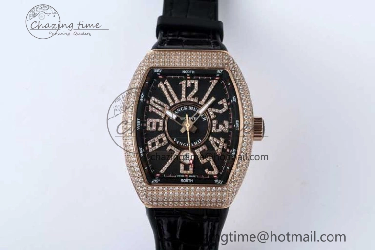 Vanguard V45 RG ABF Best Edition Full Diamonds Case Black Dial on Black Leather Strap A TravelReady 6520