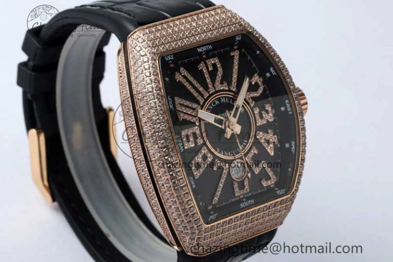 Vanguard V45 RG ABF Best Edition Full Diamonds Case Black Dial on Black Leather Strap A TravelReady 6520