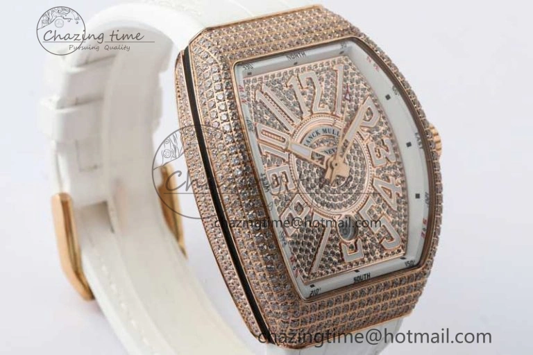 Original Vanguard V45 RG ABF Best Edition Full Diamonds Dial on White Leather Strap A 6519