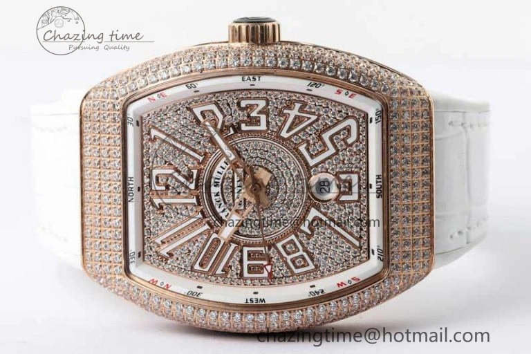 Original Vanguard V45 RG ABF Best Edition Full Diamonds Dial on White Leather Strap A 6519