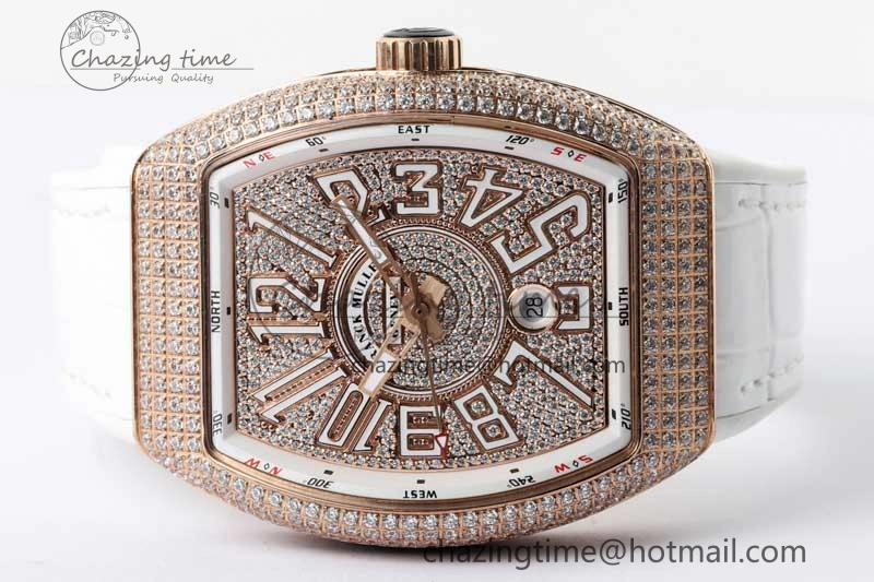 Original Vanguard V45 RG ABF Best Edition Full Diamonds Dial on White Leather Strap A 6519