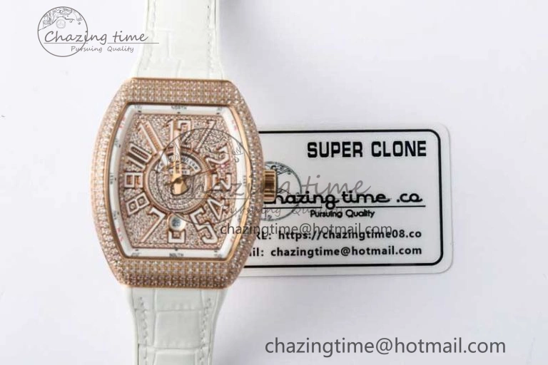 Original Vanguard V45 RG ABF Best Edition Full Diamonds Dial on White Leather Strap A 6519