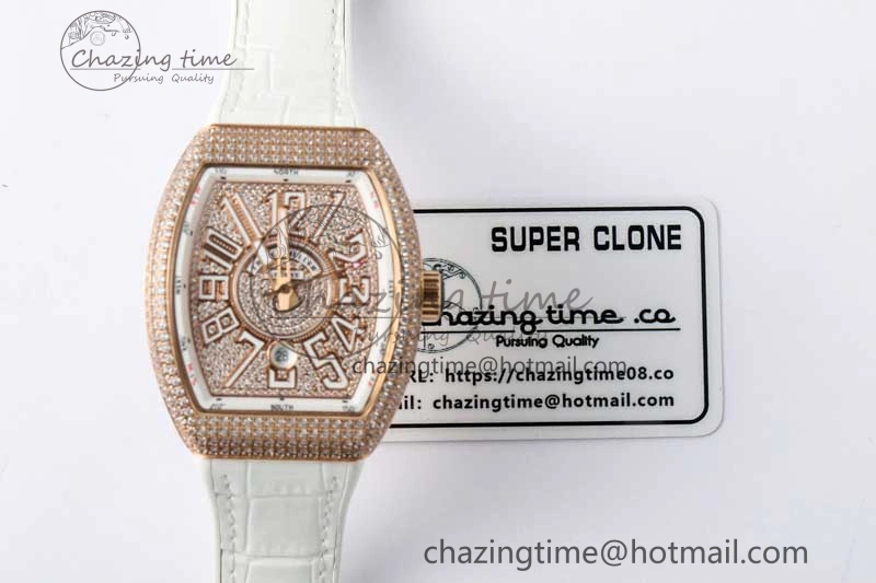 Original Vanguard V45 RG ABF Best Edition Full Diamonds Dial on White Leather Strap A 6519