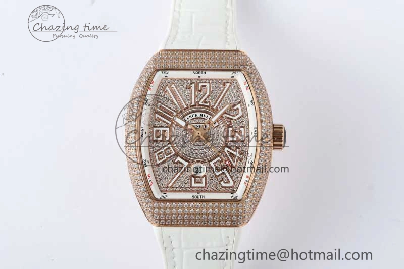 Original Vanguard V45 RG ABF Best Edition Full Diamonds Dial on White Leather Strap A 6519