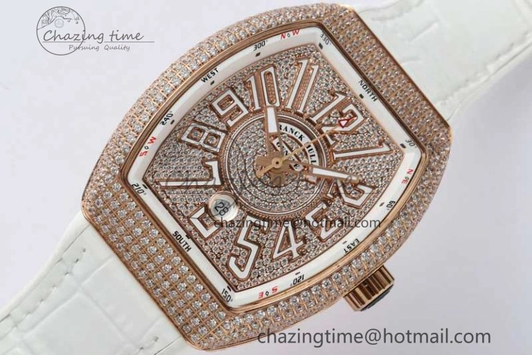 Original Vanguard V45 RG ABF Best Edition Full Diamonds Dial on White Leather Strap A 6519