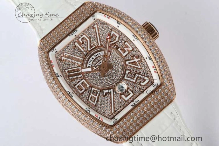 Original Vanguard V45 RG ABF Best Edition Full Diamonds Dial on White Leather Strap A 6519