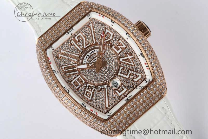 Original Vanguard V45 RG ABF Best Edition Full Diamonds Dial on White Leather Strap A 6519