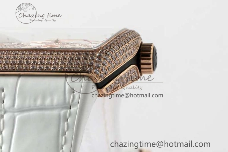Original Vanguard V45 RG ABF Best Edition Full Diamonds Dial on White Leather Strap A 6519