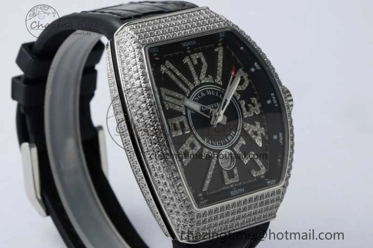 Supportive Vanguard V45 SS ABF Best Edition Full Diamonds Case Black Dial on Black Leather Strap A 6524