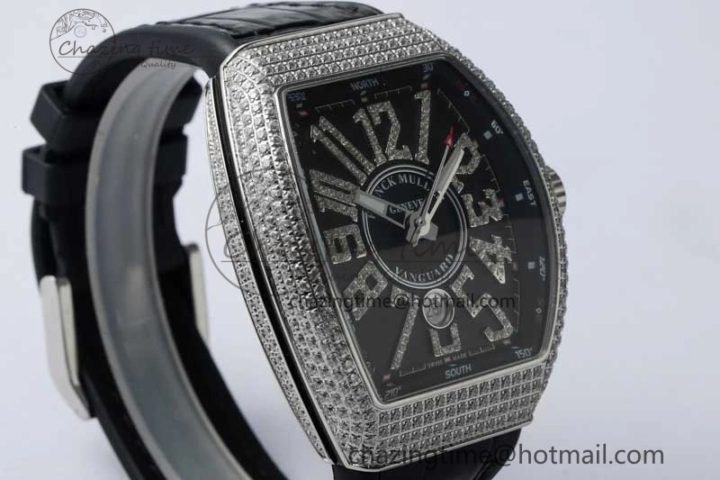 Supportive Vanguard V45 SS ABF Best Edition Full Diamonds Case Black Dial on Black Leather Strap A 6524