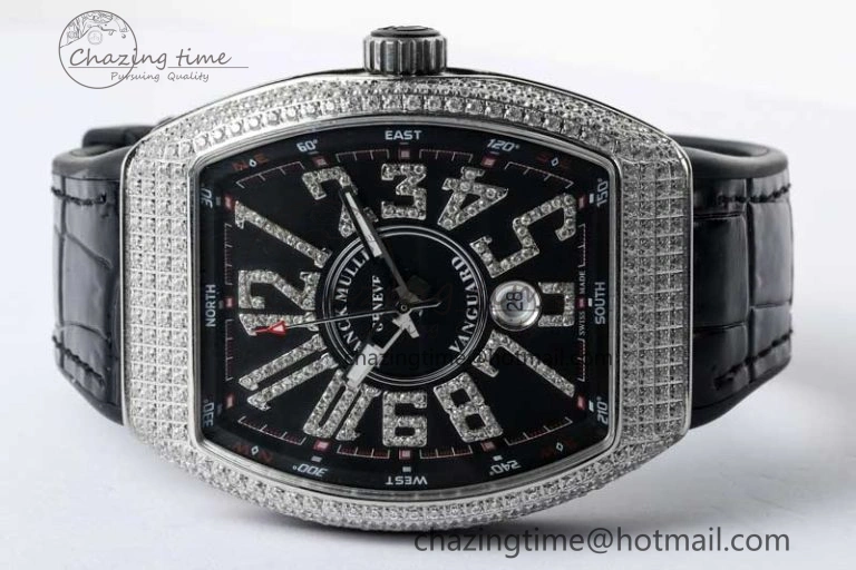 Supportive Vanguard V45 SS ABF Best Edition Full Diamonds Case Black Dial on Black Leather Strap A 6524