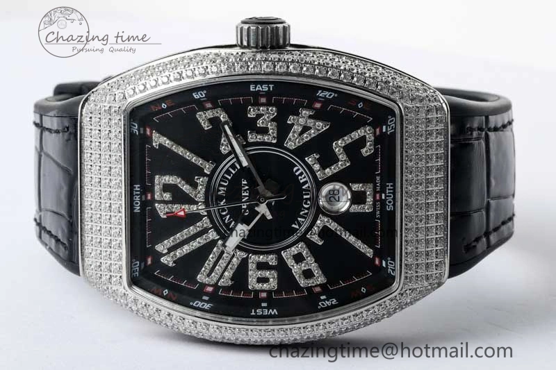 Supportive Vanguard V45 SS ABF Best Edition Full Diamonds Case Black Dial on Black Leather Strap A 6524