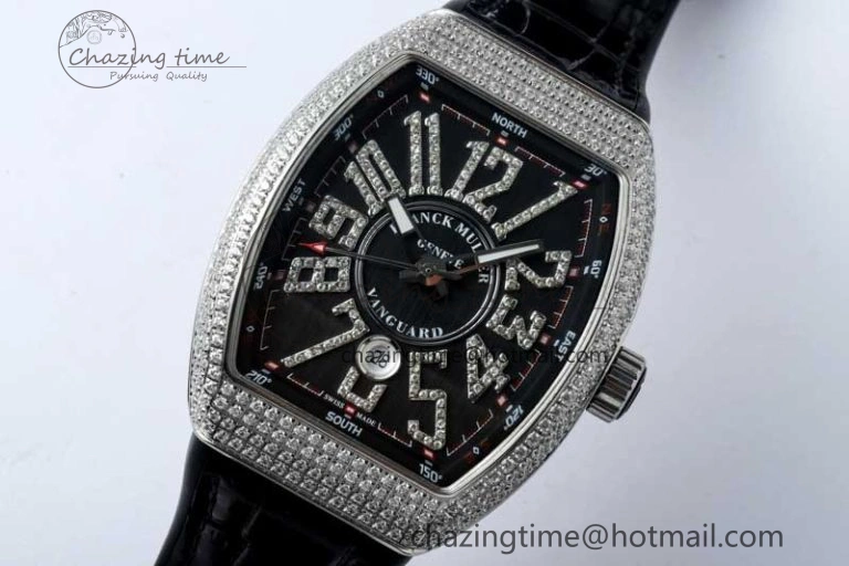 Supportive Vanguard V45 SS ABF Best Edition Full Diamonds Case Black Dial on Black Leather Strap A 6524