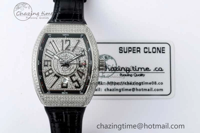 Supportive Vanguard V45 SS ABF Best Edition Full Diamonds Case Black Dial on Black Leather Strap A 6524