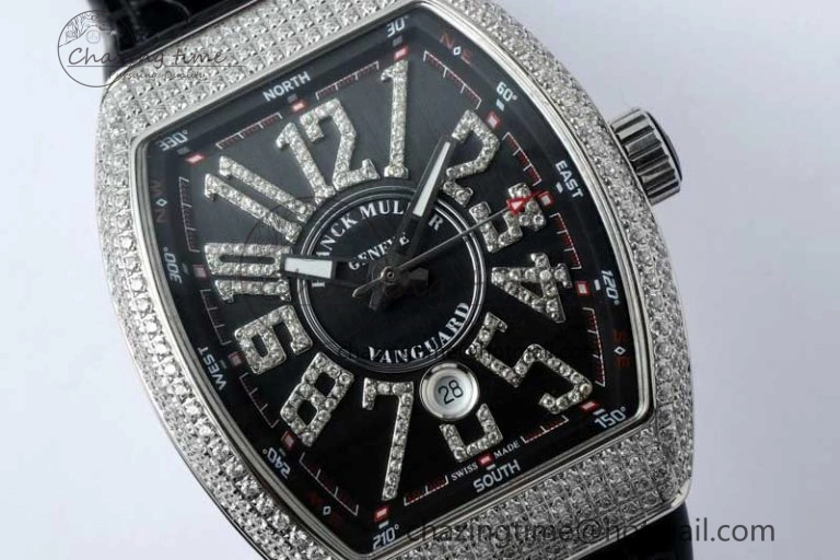 Supportive Vanguard V45 SS ABF Best Edition Full Diamonds Case Black Dial on Black Leather Strap A 6524