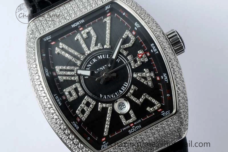 Supportive Vanguard V45 SS ABF Best Edition Full Diamonds Case Black Dial on Black Leather Strap A 6524