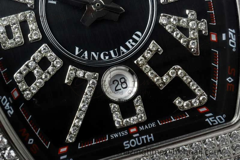 Supportive Vanguard V45 SS ABF Best Edition Full Diamonds Case Black Dial on Black Leather Strap A 6524