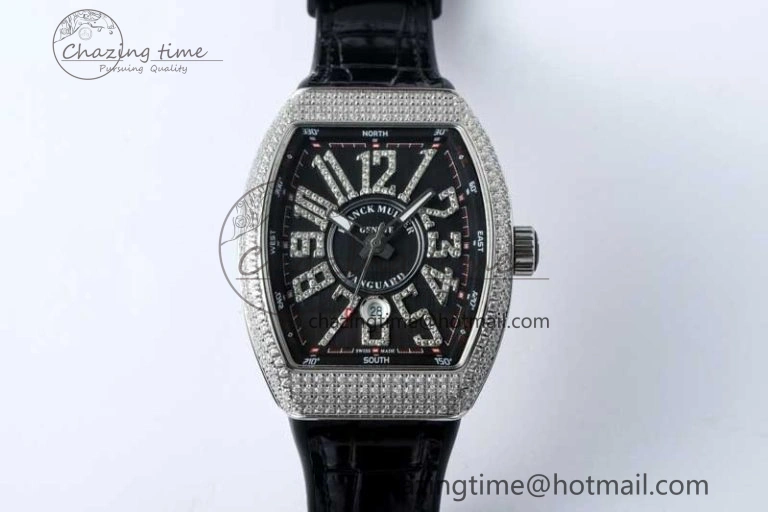 Supportive Vanguard V45 SS ABF Best Edition Full Diamonds Case Black Dial on Black Leather Strap A 6524