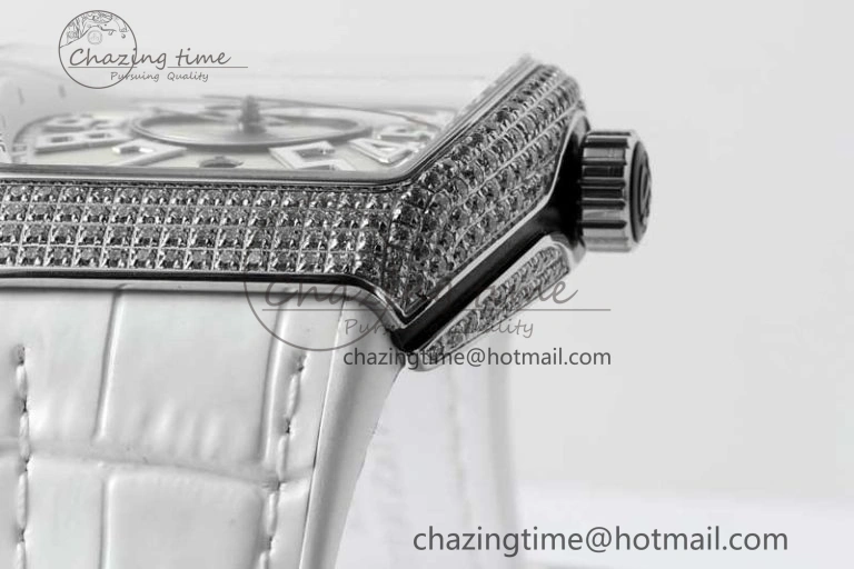Vanguard V45 SS ABF Best Edition Full Diamonds Case Silver Dial on White Leather Strap A Effortless 6522