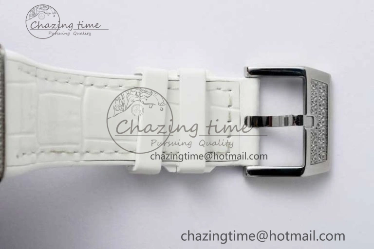 Vanguard V45 SS ABF Best Edition Full Diamonds Case Silver Dial on White Leather Strap A Effortless 6522