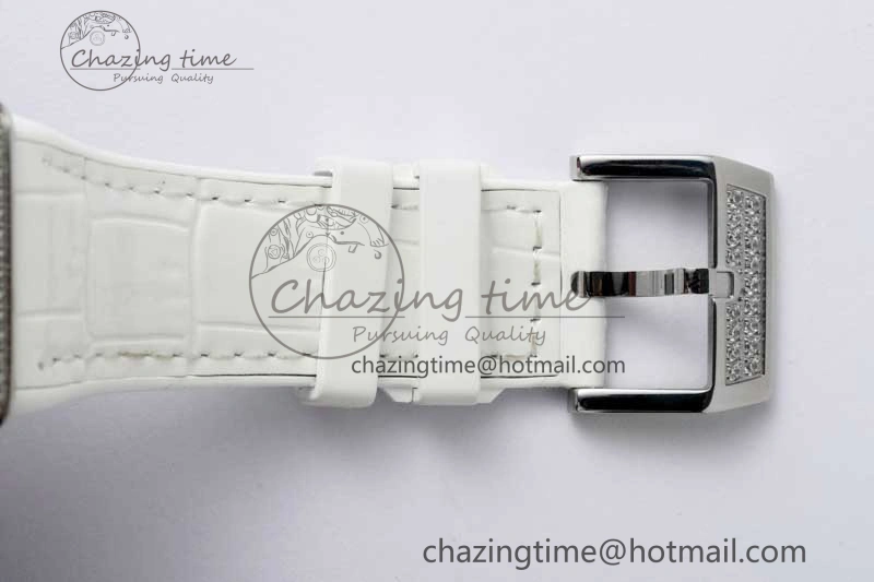 Vanguard V45 SS ABF Best Edition Full Diamonds Case Silver Dial on White Leather Strap A Effortless 6522