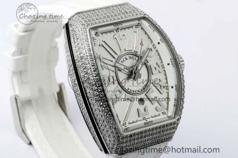 Vanguard V45 SS ABF Best Edition Full Diamonds Case Silver Dial on White Leather Strap A Effortless 6522