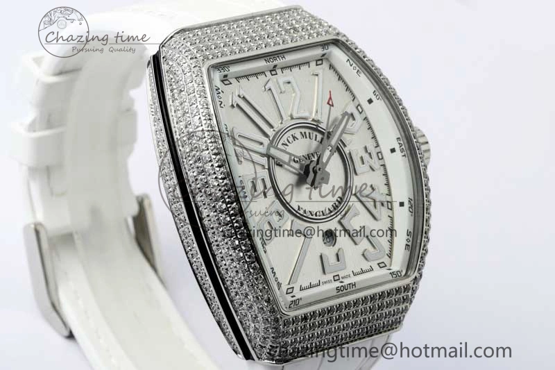 Vanguard V45 SS ABF Best Edition Full Diamonds Case Silver Dial on White Leather Strap A Effortless 6522