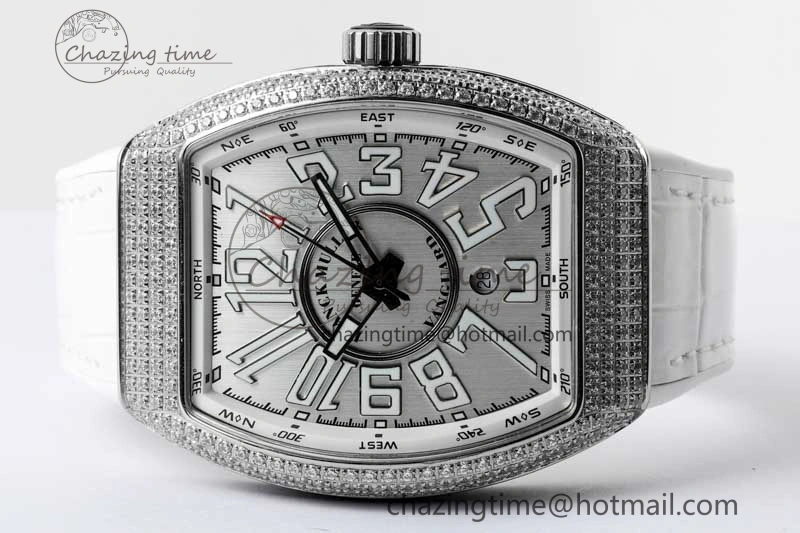 Vanguard V45 SS ABF Best Edition Full Diamonds Case Silver Dial on White Leather Strap A Effortless 6522