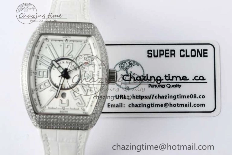 Vanguard V45 SS ABF Best Edition Full Diamonds Case Silver Dial on White Leather Strap A Effortless 6522