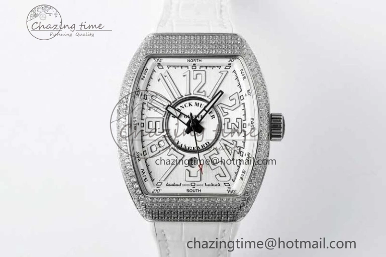 Vanguard V45 SS ABF Best Edition Full Diamonds Case Silver Dial on White Leather Strap A Effortless 6522