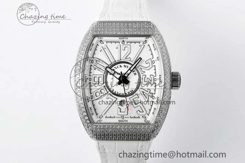 Vanguard V45 SS ABF Best Edition Full Diamonds Case Silver Dial on White Leather Strap A Effortless 6522