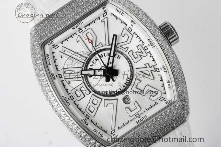Vanguard V45 SS ABF Best Edition Full Diamonds Case Silver Dial on White Leather Strap A Effortless 6522