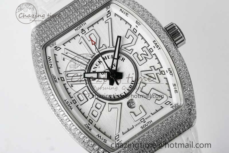 Vanguard V45 SS ABF Best Edition Full Diamonds Case Silver Dial on White Leather Strap A Effortless 6522