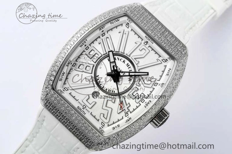 Vanguard V45 SS ABF Best Edition Full Diamonds Case Silver Dial on White Leather Strap A Effortless 6522