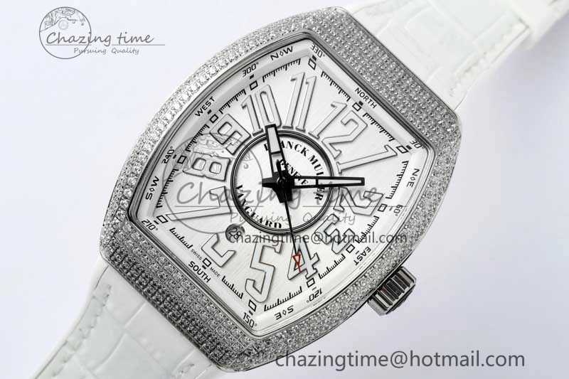 Vanguard V45 SS ABF Best Edition Full Diamonds Case Silver Dial on White Leather Strap A Effortless 6522