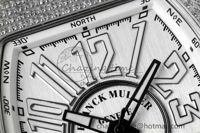 Vanguard V45 SS ABF Best Edition Full Diamonds Case Silver Dial on White Leather Strap A Effortless 6522