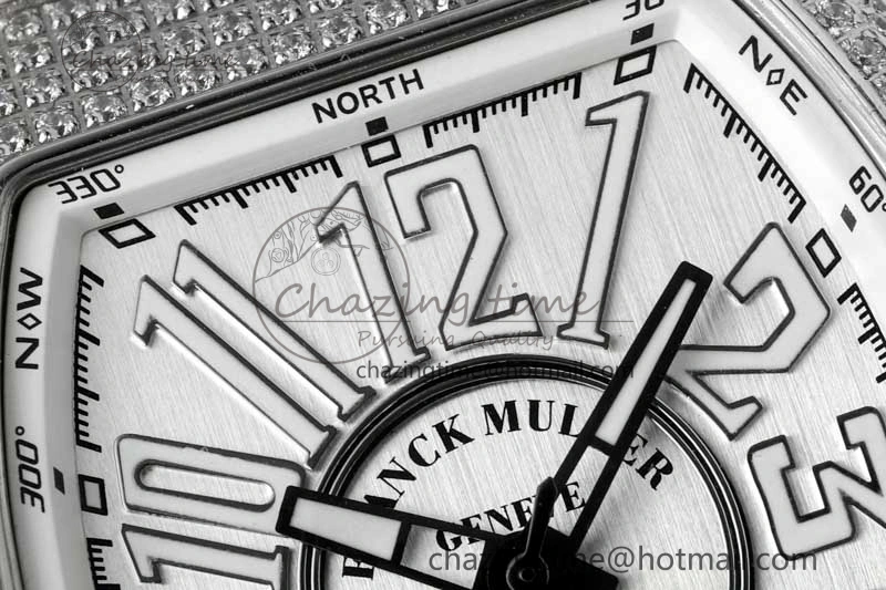 Vanguard V45 SS ABF Best Edition Full Diamonds Case Silver Dial on White Leather Strap A Effortless 6522
