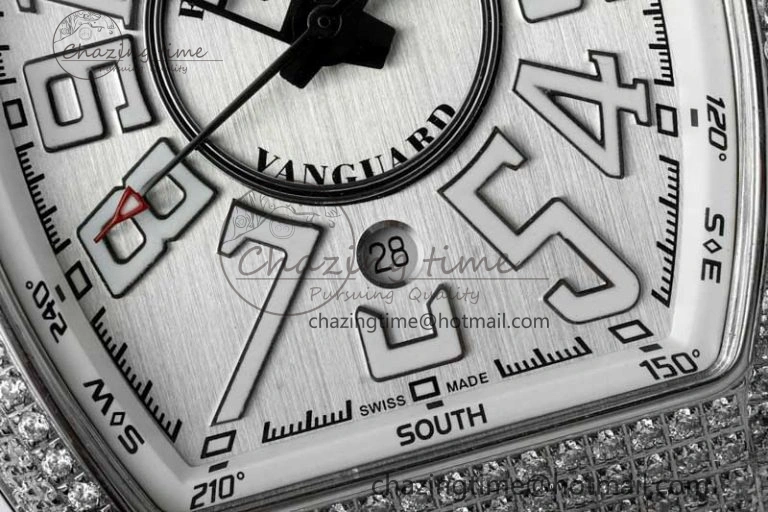Vanguard V45 SS ABF Best Edition Full Diamonds Case Silver Dial on White Leather Strap A Effortless 6522